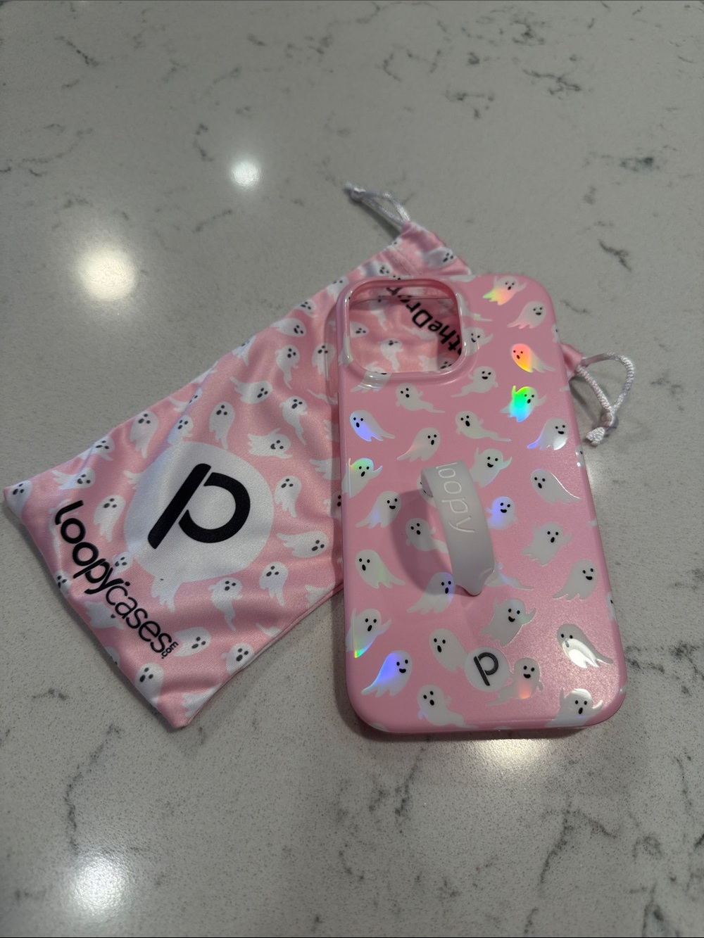 Loopy Case Pink Ghost Pattern Phone Case with Grip Band iPhone 14 Pro Max